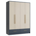 Kleiderschrank mit 4 Türen und 2 Schubladen aus Holzwerkstoff, Creme/Blau, 200 cm hoch