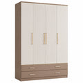 Kleiderschrank mit 4 Türen und 2 Schubladen aus MDF in Beige und Braun