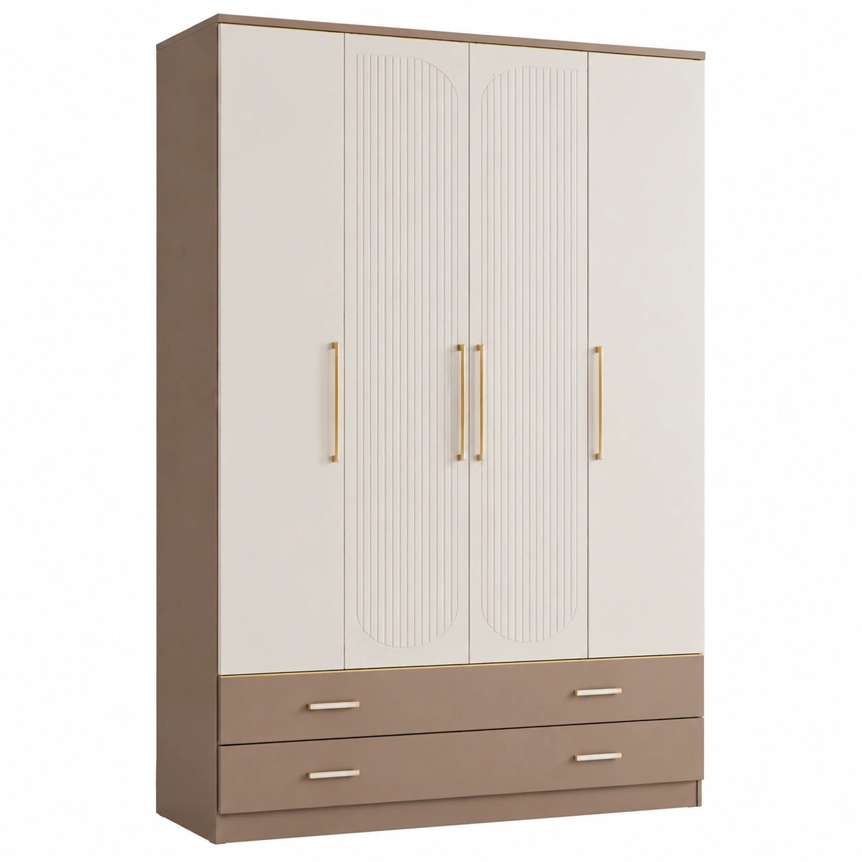 Kleiderschrank mit 4 Türen und 2 Schubladen aus MDF in Beige und Braun