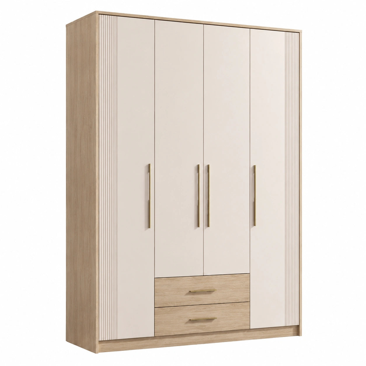 Kleiderschrank Holzoptik Weiß Beige 4 Türen 2 Schubladen