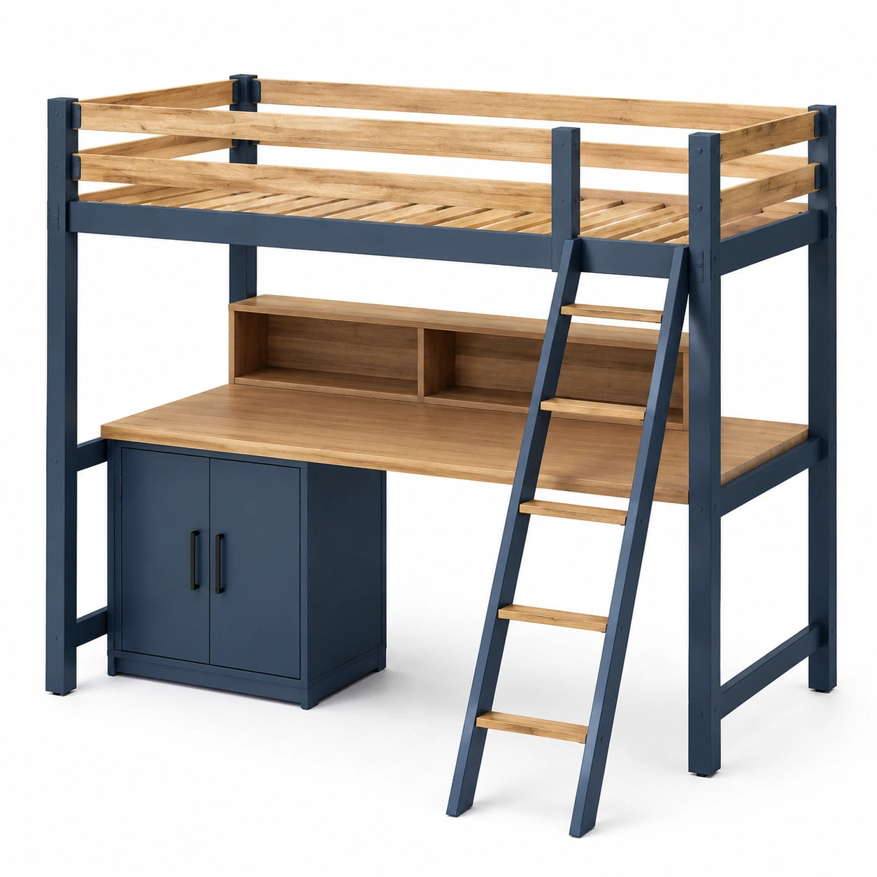 Hochbett mit Schreibtisch und Schrank aus Kiefernholz Blau