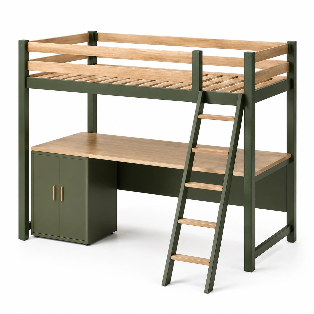 Holzbett mit Schreibtisch und Schrank Metall Grün/Natur