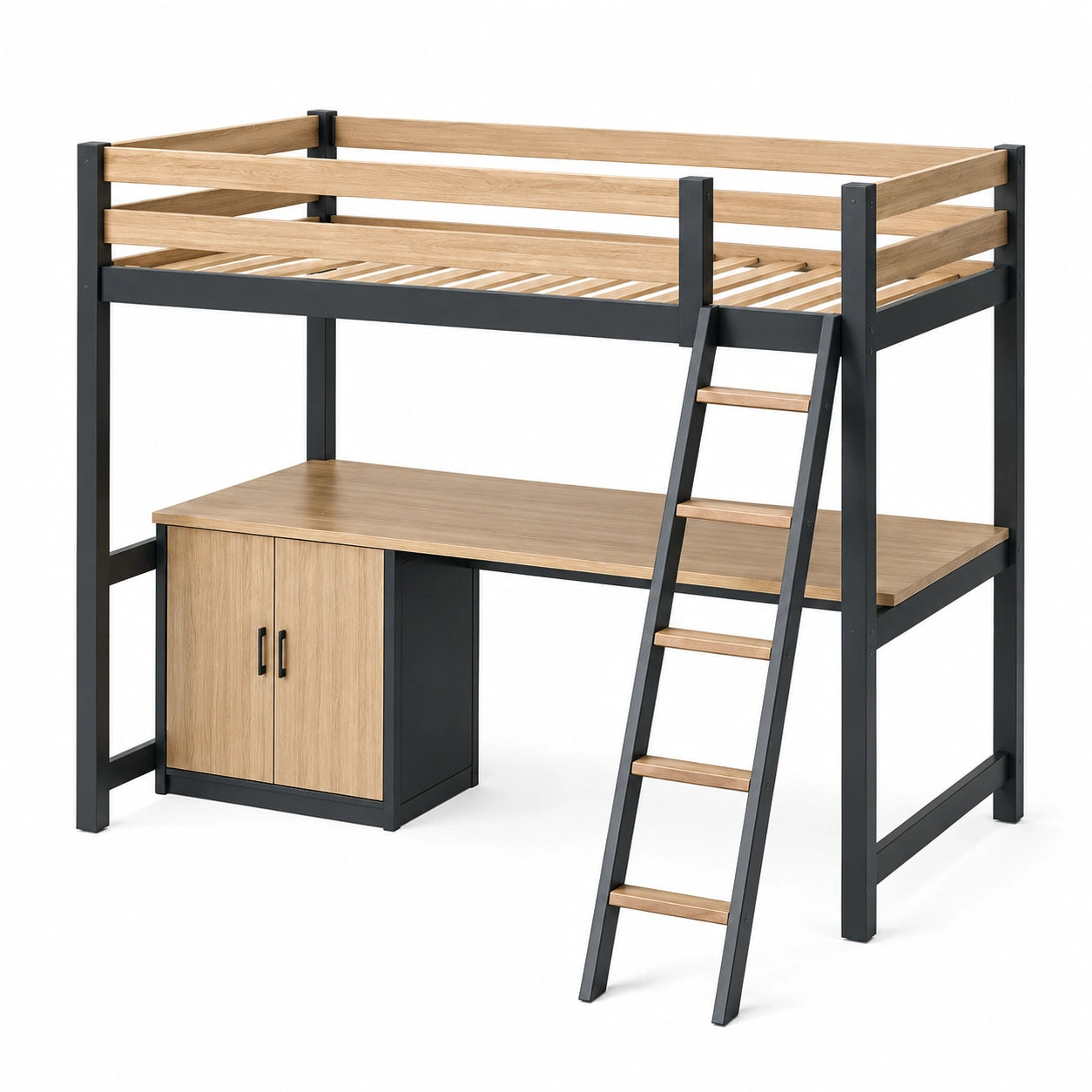 Hochbett mit Schreibtisch Metall Eichenholz Schwarz