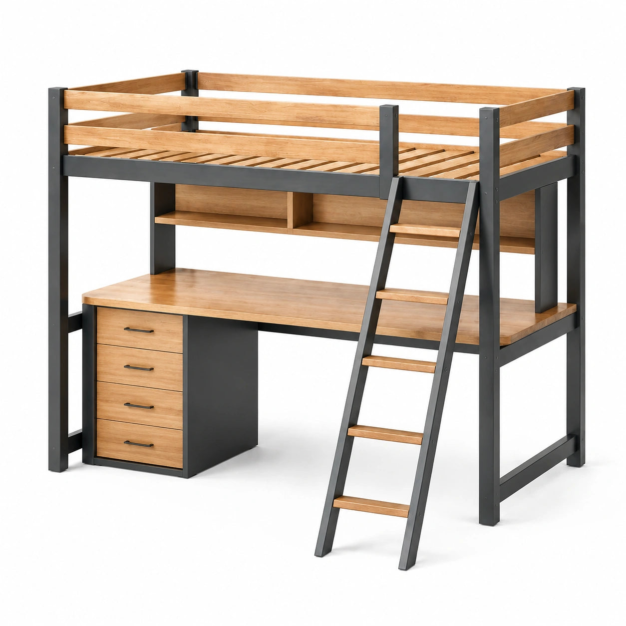 Hochbett mit Schreibtisch und Schubladen aus Holz und Metall