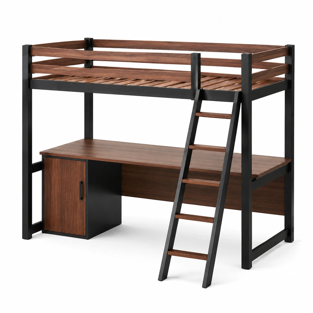 Hochbett aus Metall und Holz mit Schreibtisch und Schrank 200x90 cm Braun/Schwarz