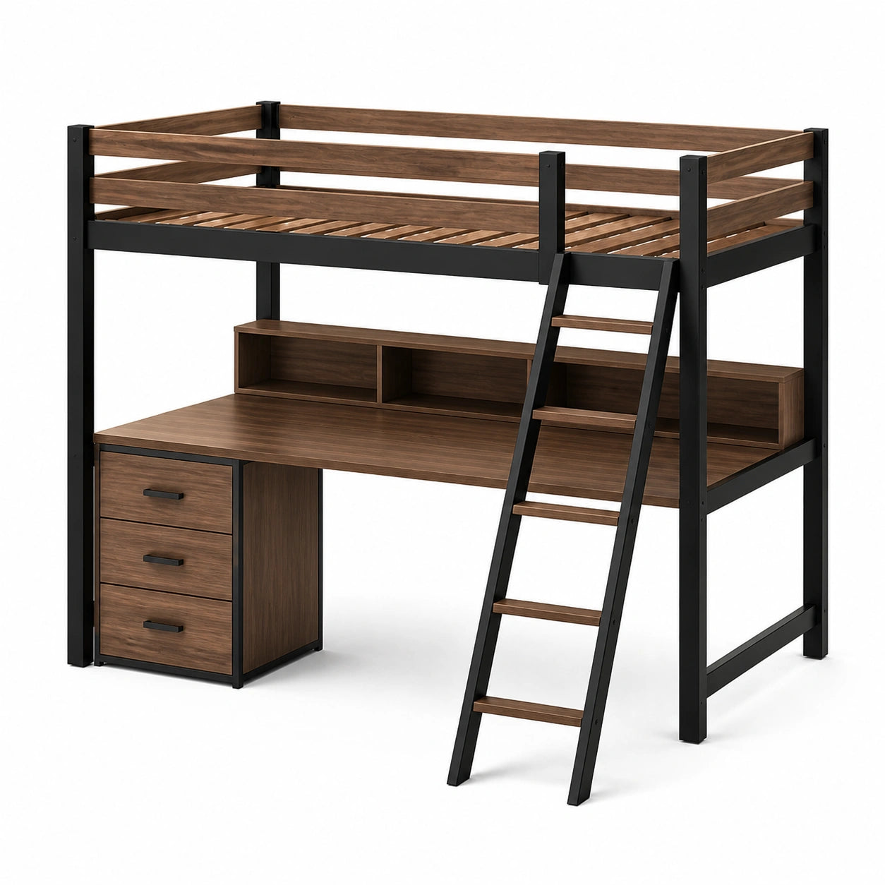 Holz-Metall Hochbett mit Schreibtisch und Leiter