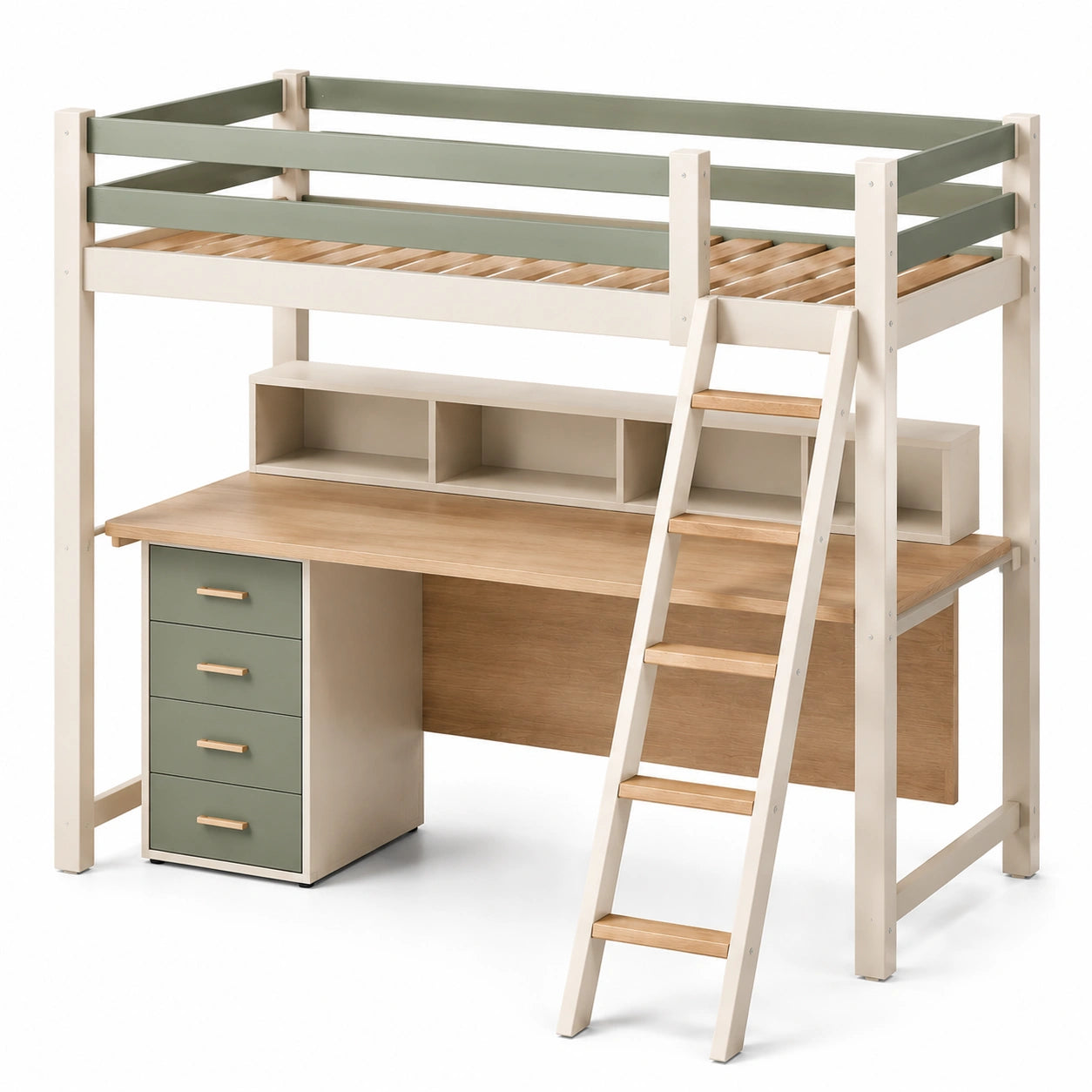 Hochbett mit Schreibtisch aus Kiefernholz Beige/Grün