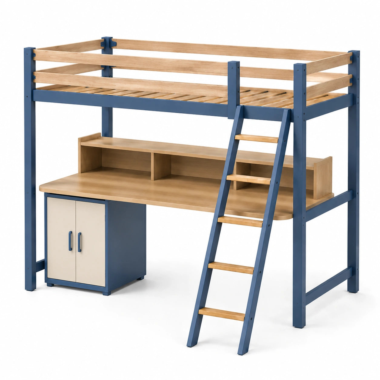 Hochbett mit Schreibtisch und Schrank Eiche/Metall 200x90 cm Blau