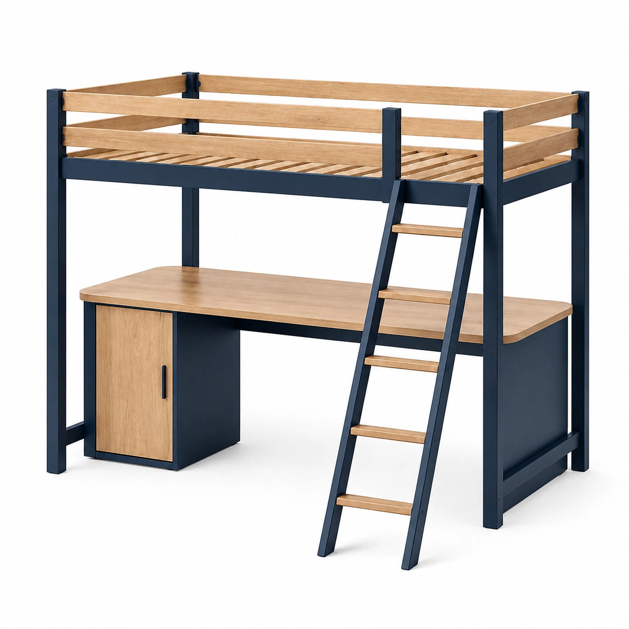 Hochbett mit Schreibtisch und Schrank MDF Blau Eichenoptik 200x90cm