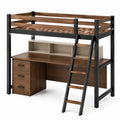 Metall- und Holz-Hochbett mit Schreibtisch und Leiter, Braun/Schwarz