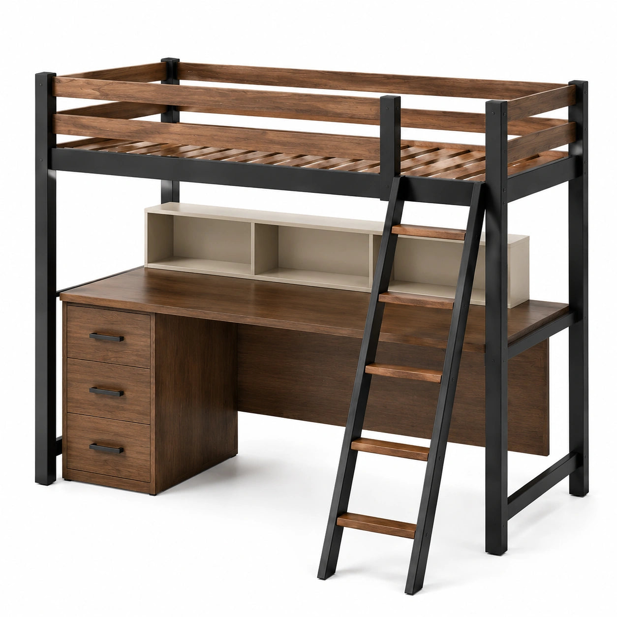 Metall- und Holz-Hochbett mit Schreibtisch und Leiter, Braun/Schwarz