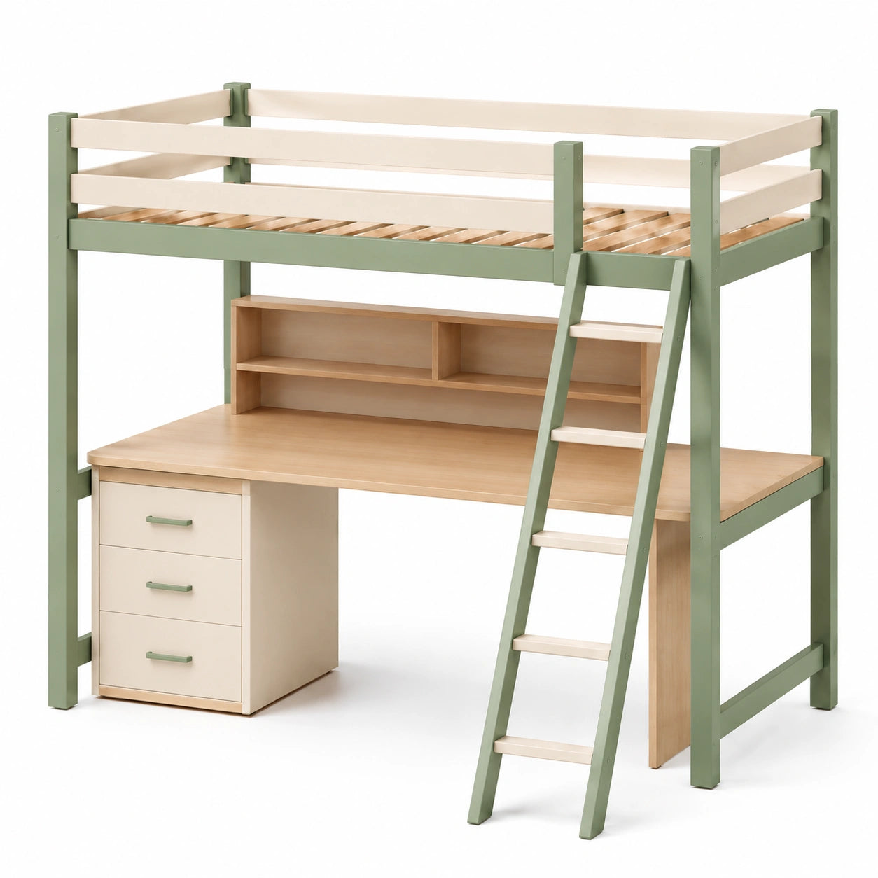 Hochbett mit Schreibtisch und Leiter aus Holz Grün Natur