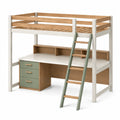 Hochbett mit Schreibtisch und Schubladen aus Holz Weiß/Natur/Grün
