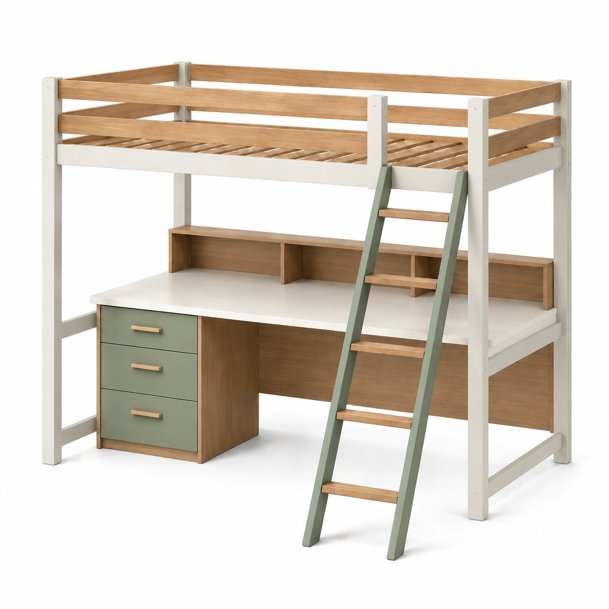 Hochbett mit Schreibtisch und Schubladen aus Holz Weiß/Natur/Grün