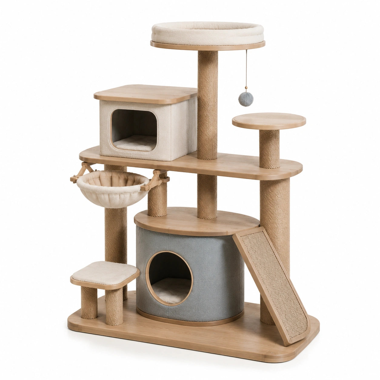 Kratzbaum aus Holz und Sisal in Beige und Grau