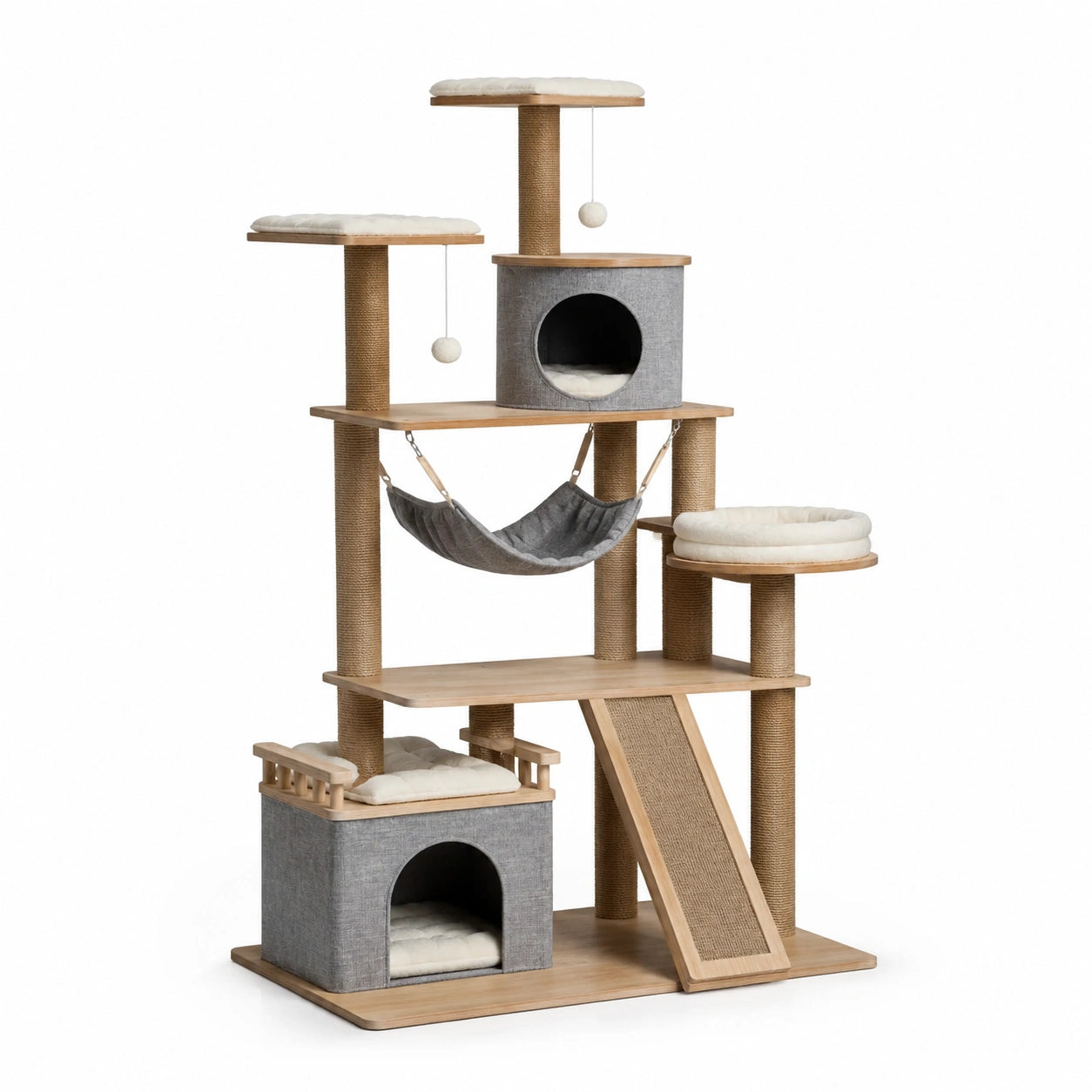 Holz Katzenbaum mit Sisal, Grau, 5 Ebenen