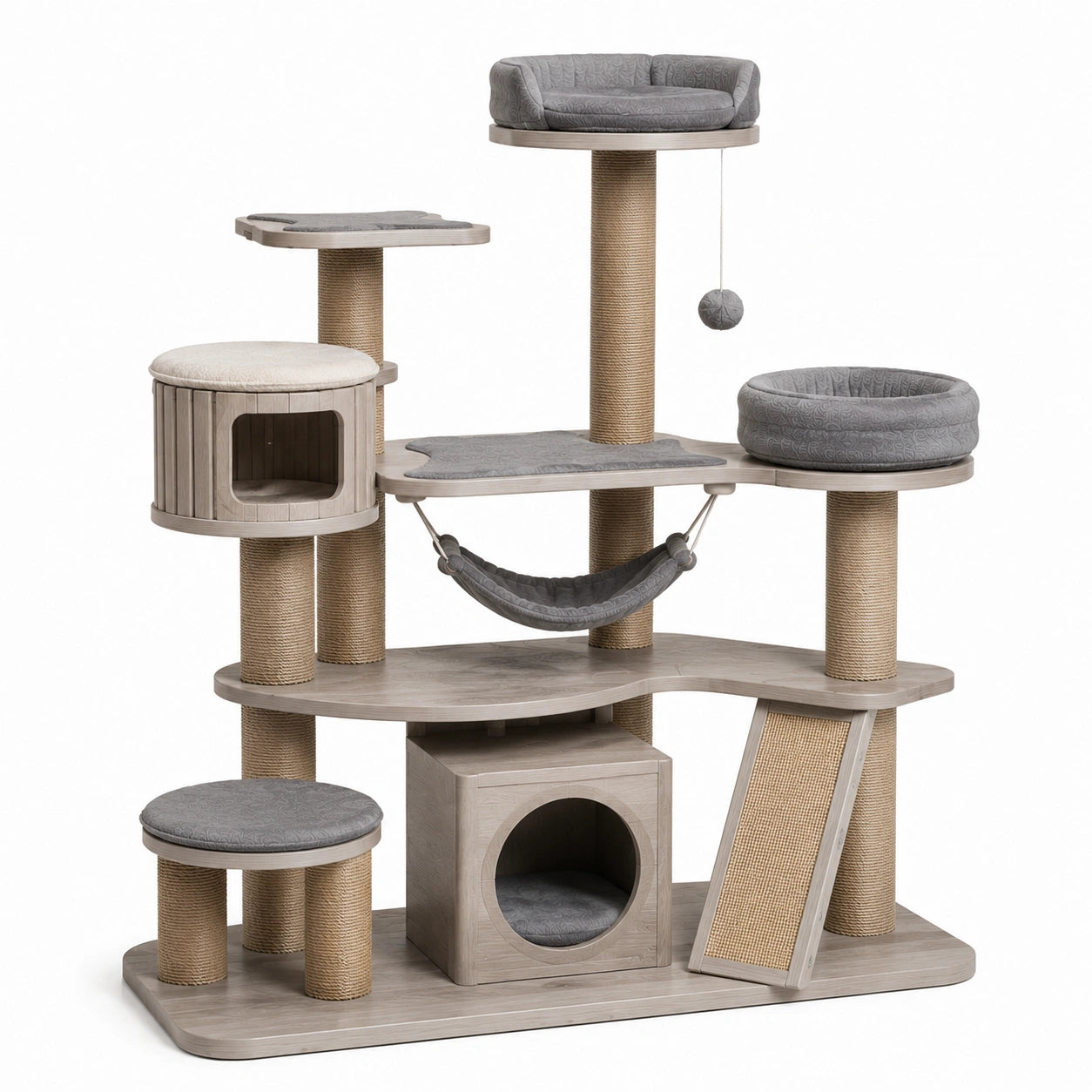 Katzenbaum aus MDF und Sisal mit Hängematte Grau/Braun 160cm