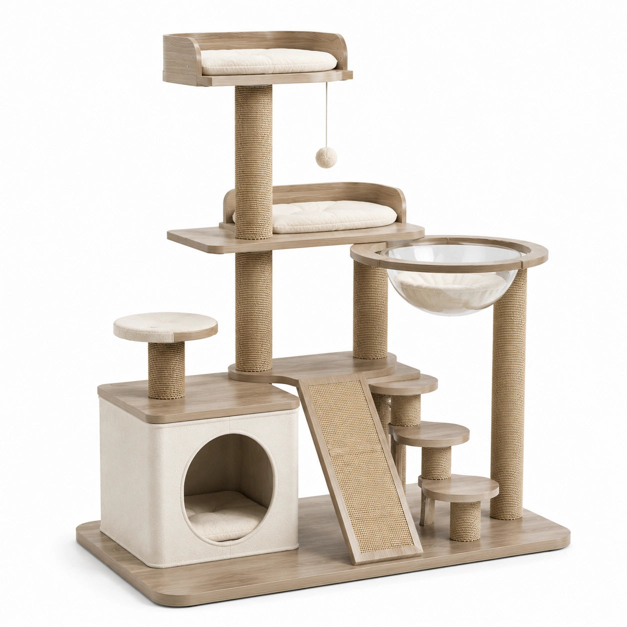 Katzenkratzbaum aus Holz und Sisal, Beige, 120 cm