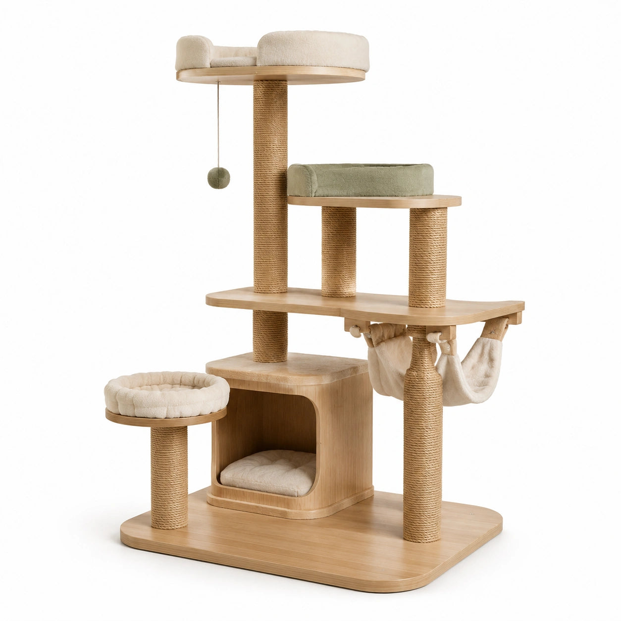 Katzenbaum Kletterbaum aus Holz und Sisalseil Beige/Grün 140cm