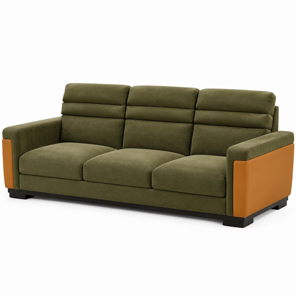 3-Sitzer Sofa aus Stoff und Kunstleder in Olivgrün/Braun