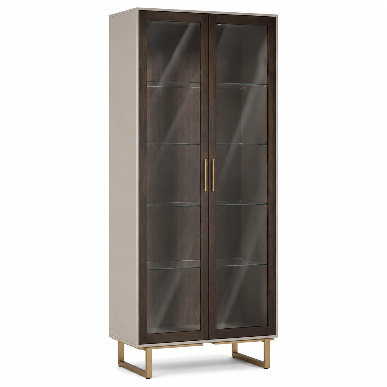 Vitrine Holz mit gehärteten Glastüren und Metallrahmen Braun