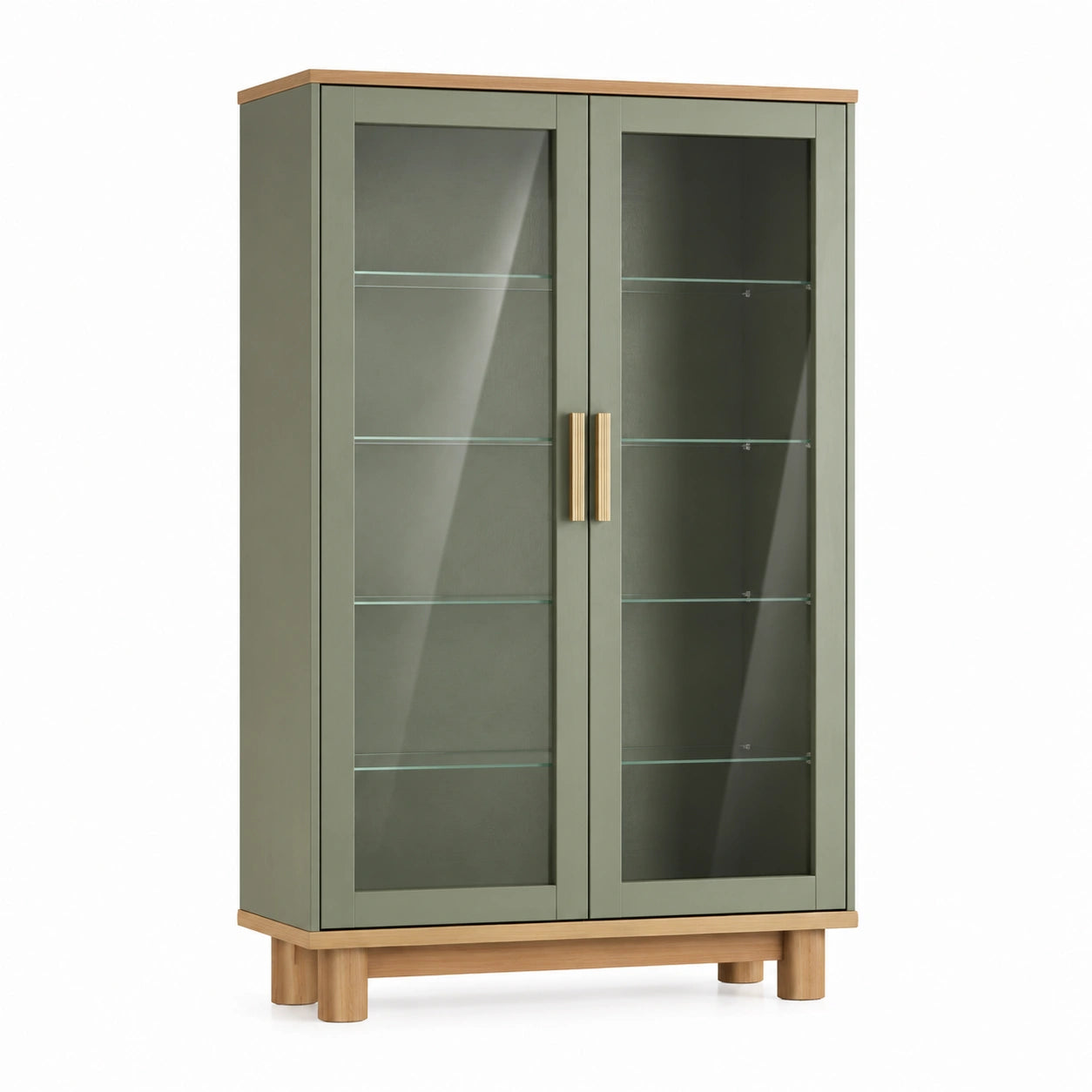 Holzvitrine mit Glastüren und Glasregalen, 180x90x35 cm, Grün