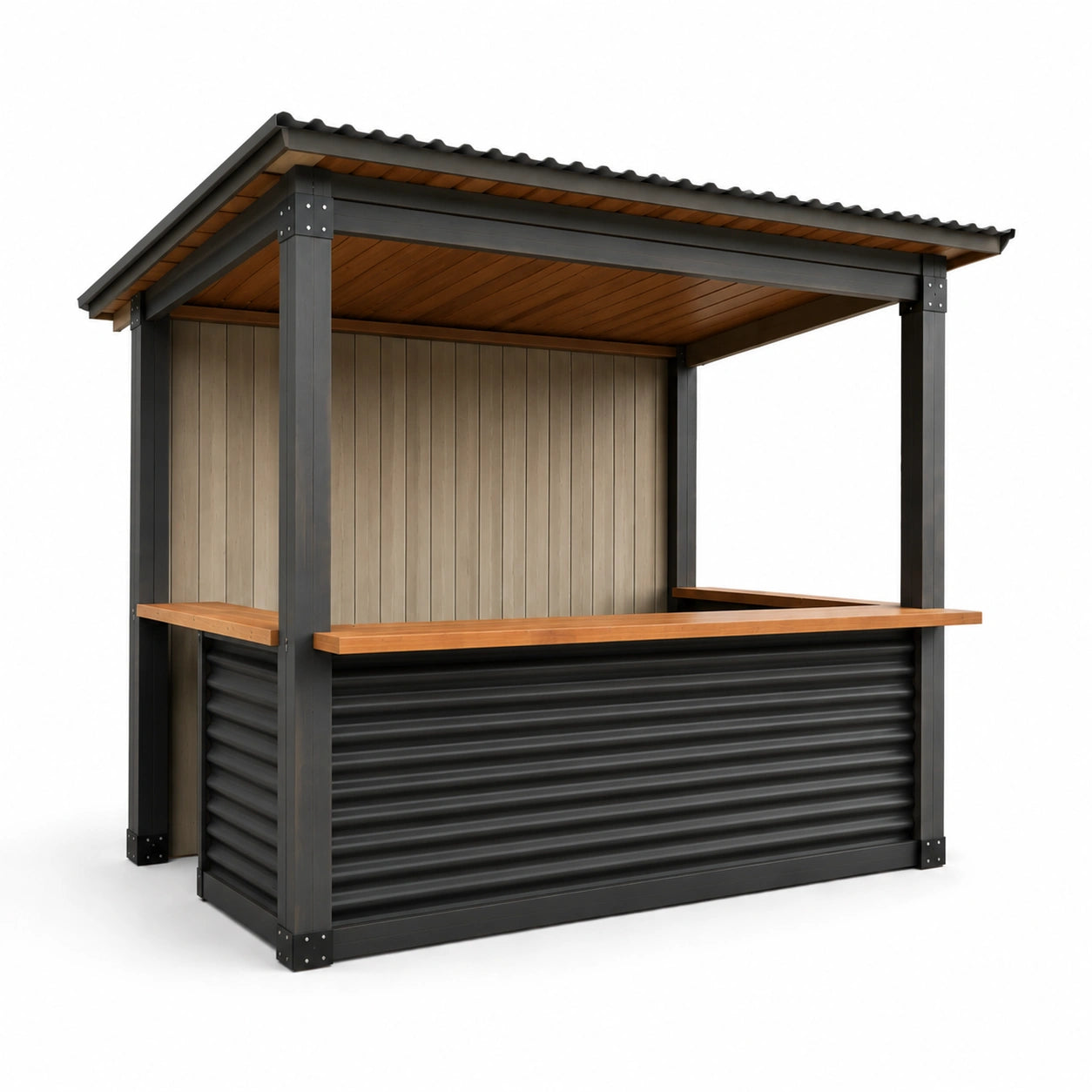 Gartenbar aus Stahl mit Holztheke und Dach