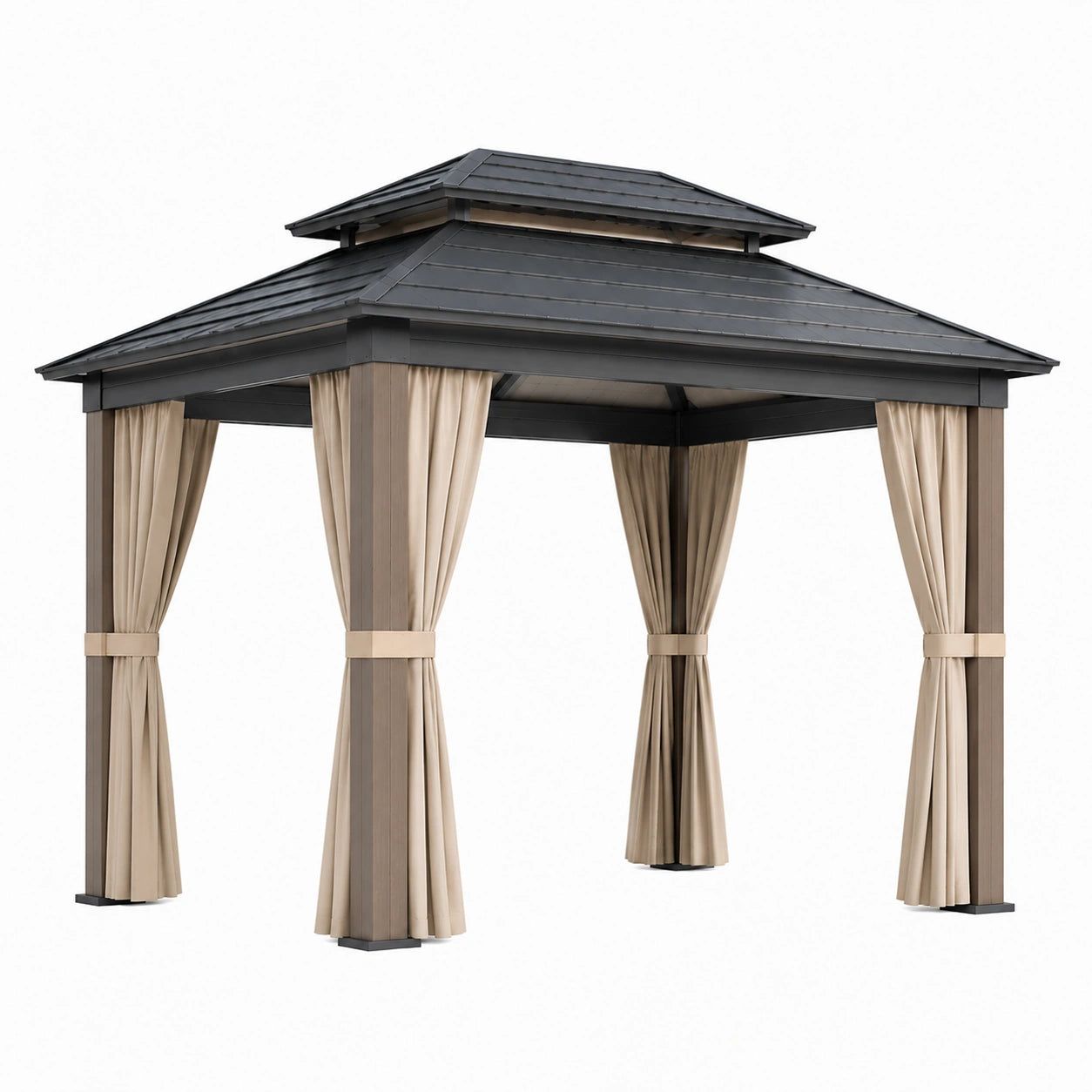 Pavillon Metall Holzoptik Aluminiumdach mit Vorhängen 300x300 cm