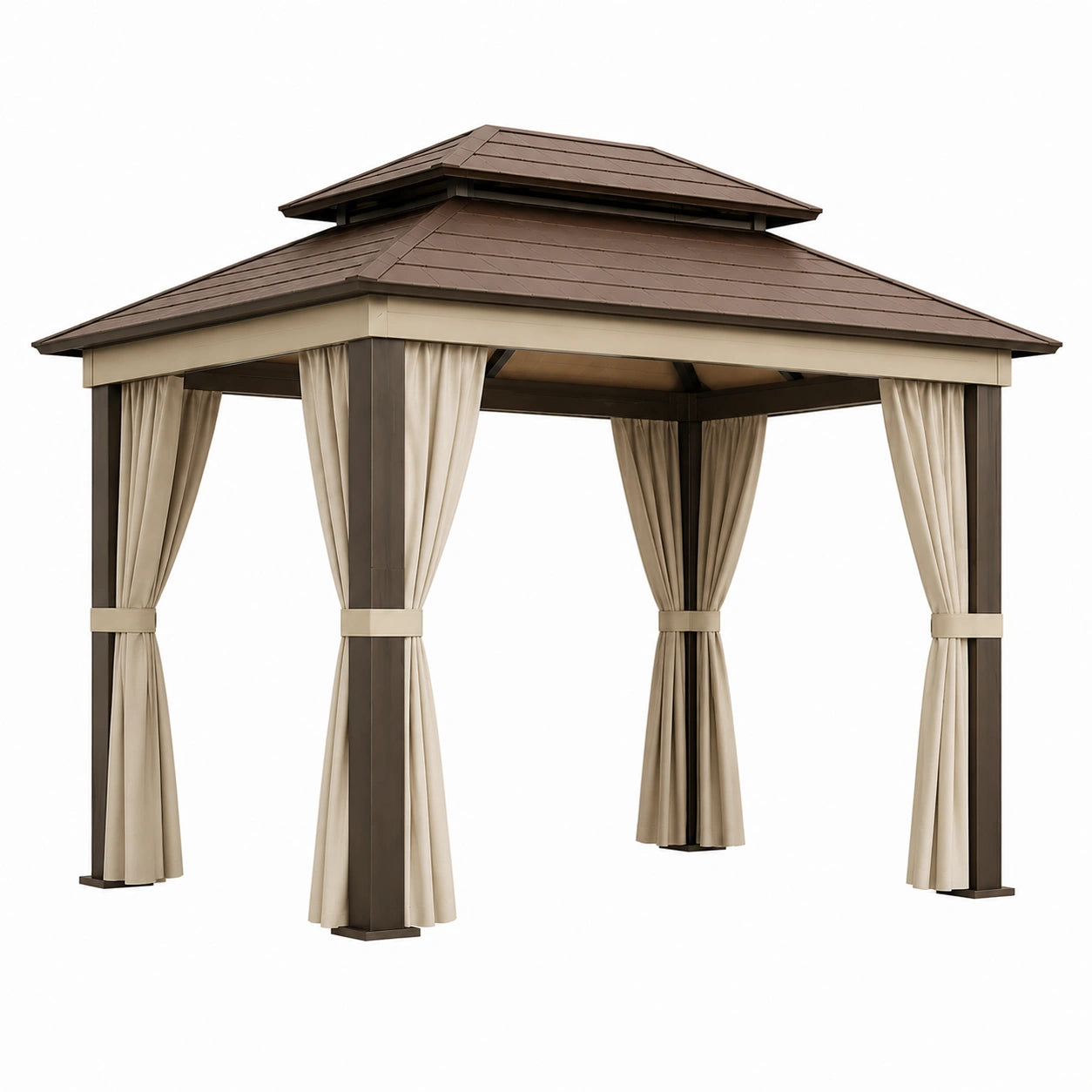Aluminium Pavillon mit Stahl-Dach und Polyester Vorhängen, Braun/Beige