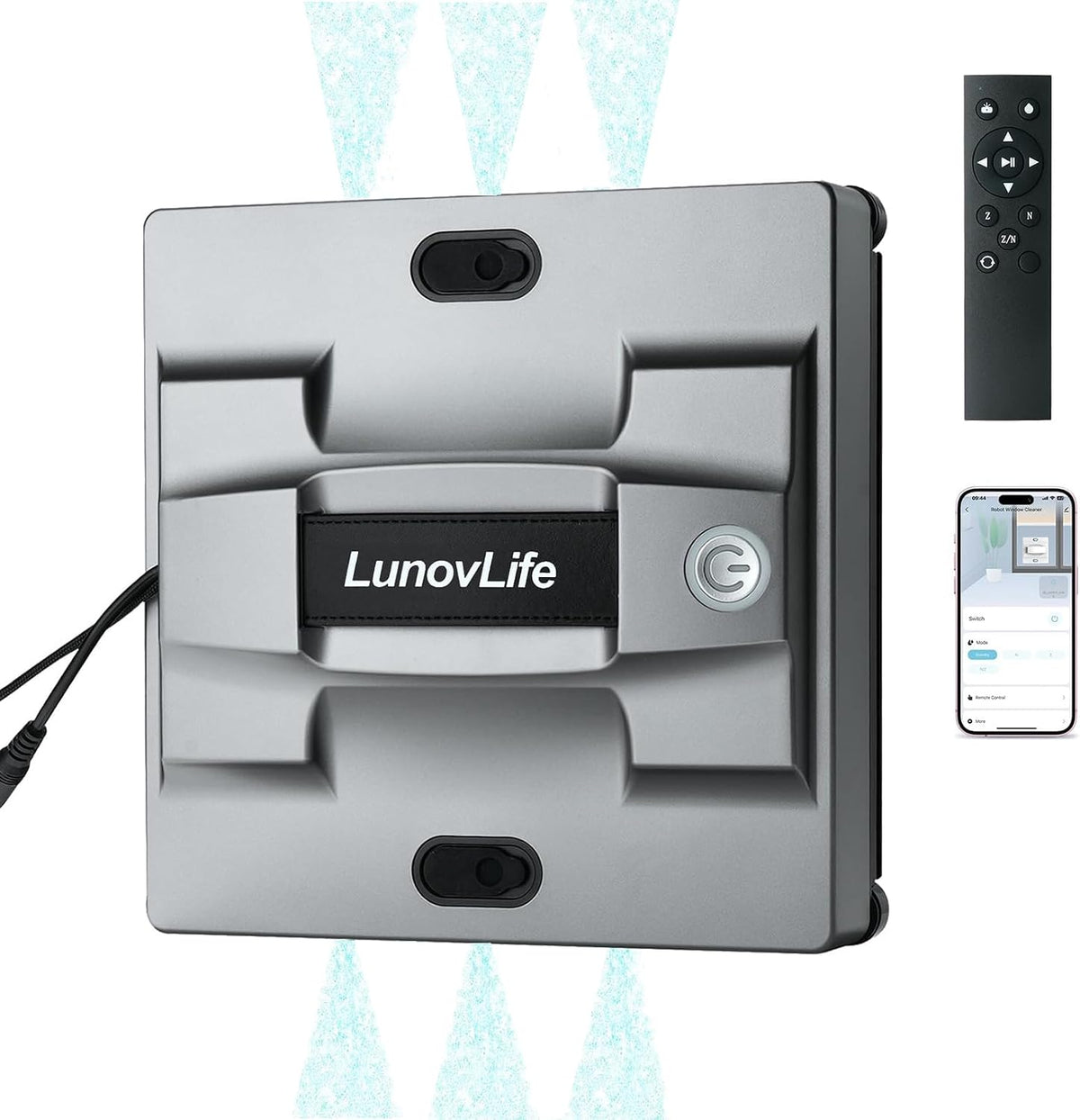 LunovLife Saugroboter, 22.5x22.5x6.5 cm, Grau, Fensterputzroboter 5600Pa mit 6-Düsen Sprühsystem, Fenstersauger für rahmenlose Fenster