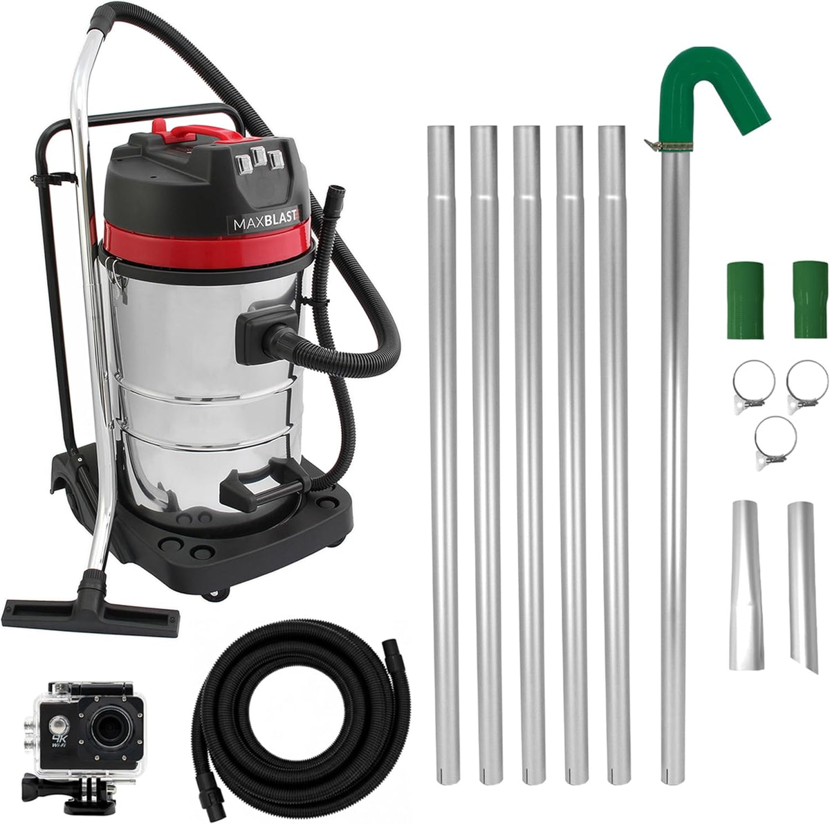 MAXBLAST Staubsauger, 3000 W, 7,5m, 80 L, Schwarz, Nass- & Trocken Industrie, Motor, Dachrinnenstangen Set, 5m Schlauch