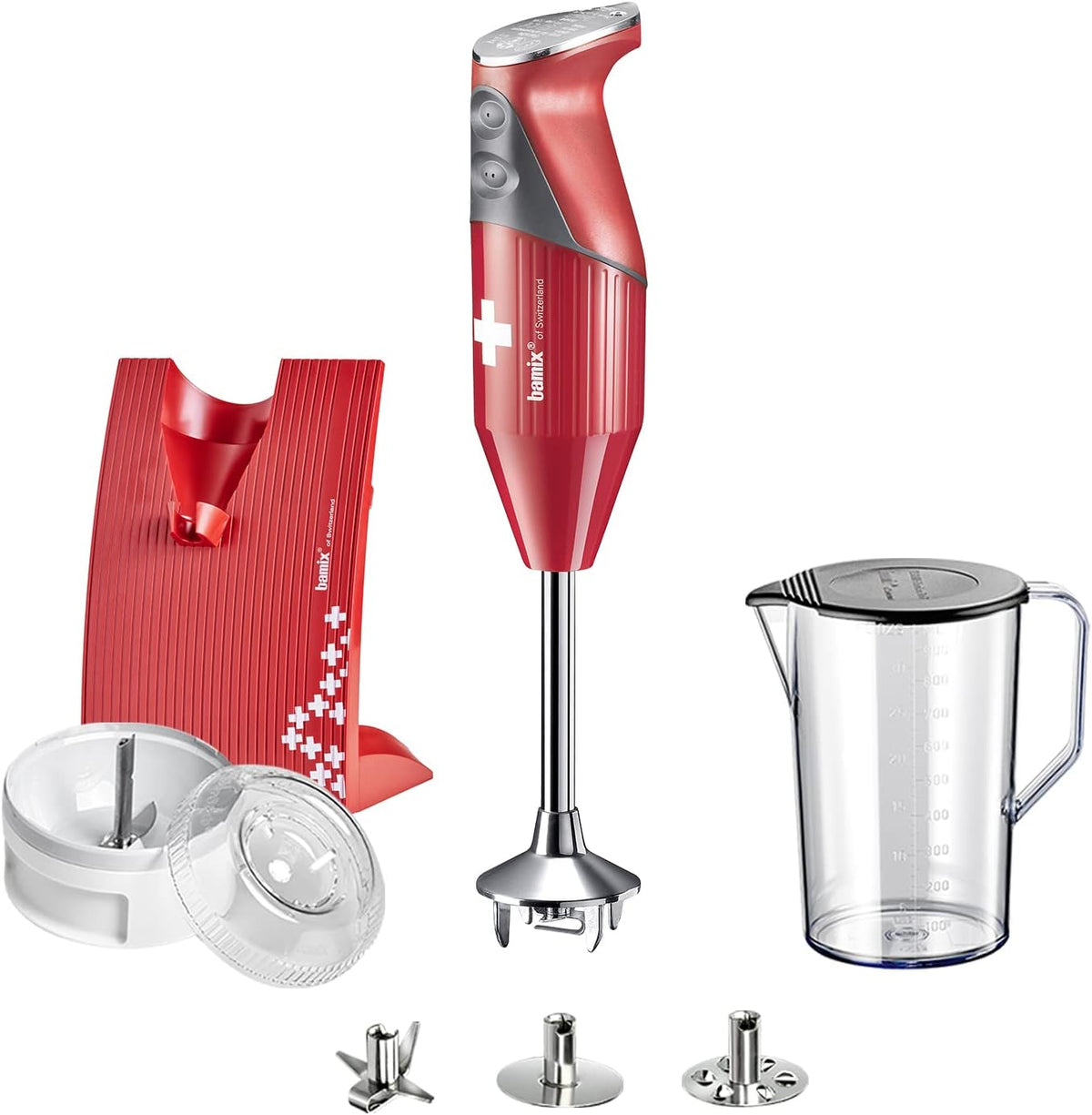 bamix Stabmixer, Silber/Rot, Set M200 SWISSLINE inkl. Multifunktionsmesser, Quirl, Schlagscheibe, Prozessor, Becher