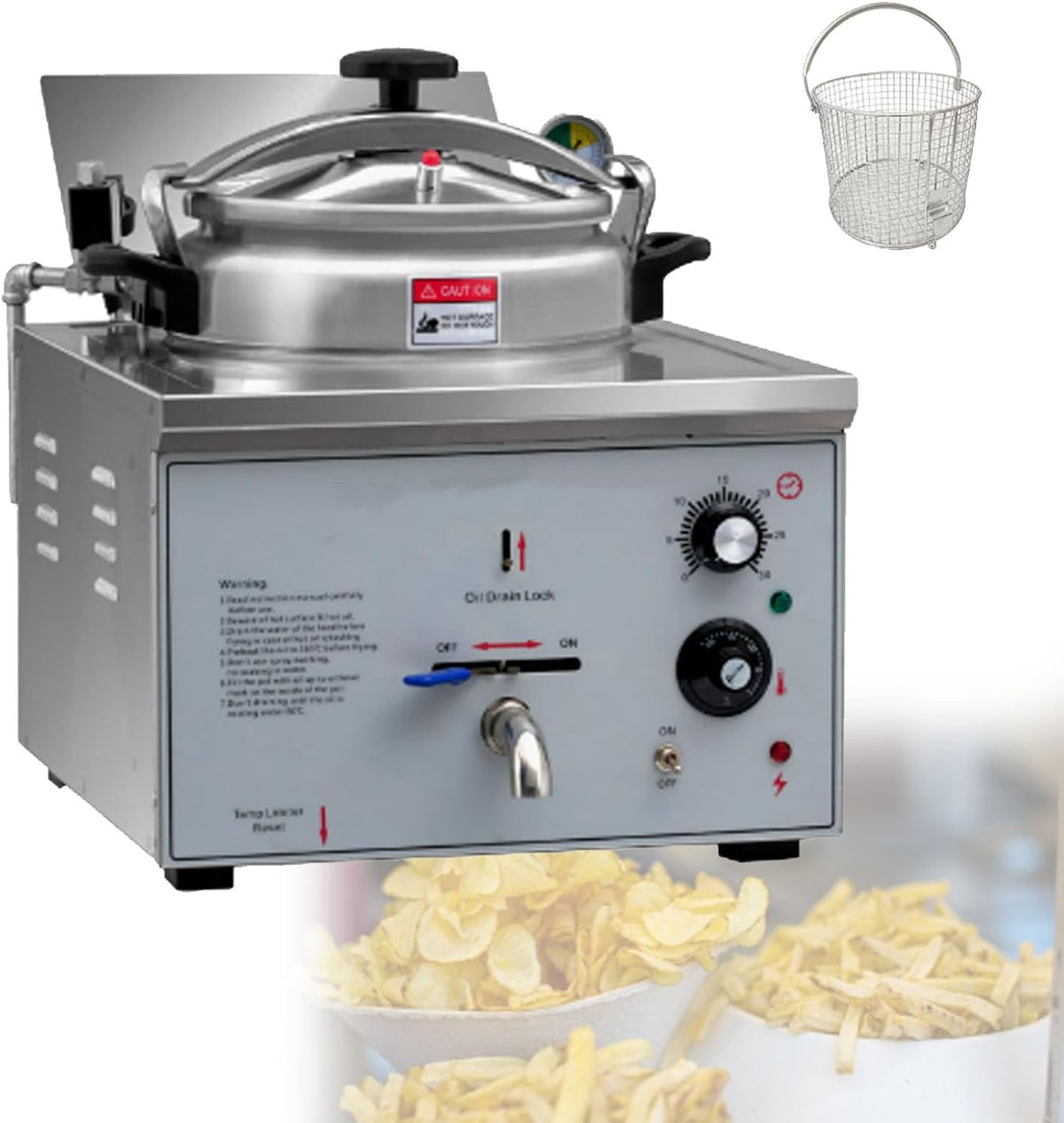 Pfps Heißluftfritteuse, 16 l, 3 kW, Edelstahl, Grau, 16-Liter-Elektro-Hochdruckfritteuse, Hochdruck-Hähnchenfritteuse mit Temperaturregelung