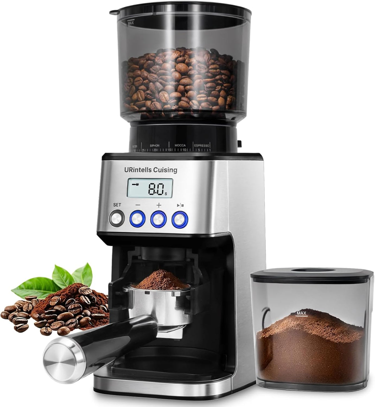 URintells Cuising Kaffeemaschine, Silber, Espressomühle, Burr Kaffeemühle mit 51 Mahlgradeinstellungen, Präzisions-Timer