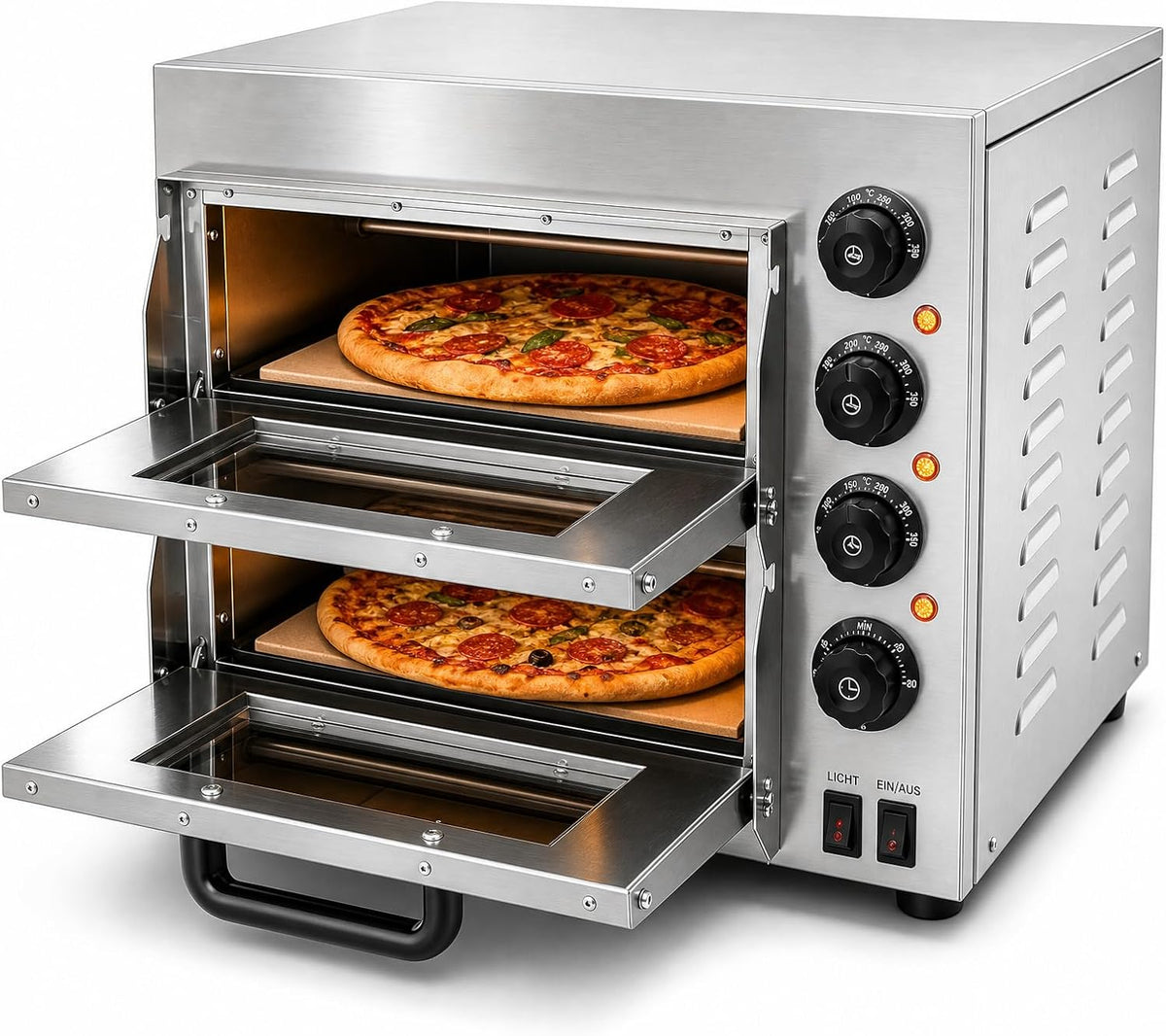 VonVVer Pizzaofen, 3000 W, 201 Edelstahl, Gummi, Kunststoff, Glas, Cordierit, Schwarz