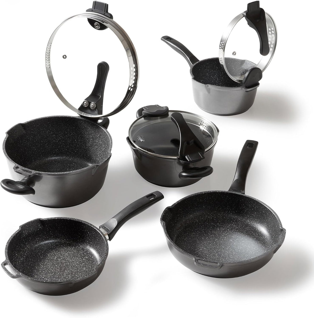 STONELINE Gasherd, Schwarz, Future Topfset Induktion, 8-teiliges Topfset mit Pfanne und Sieb Deckel