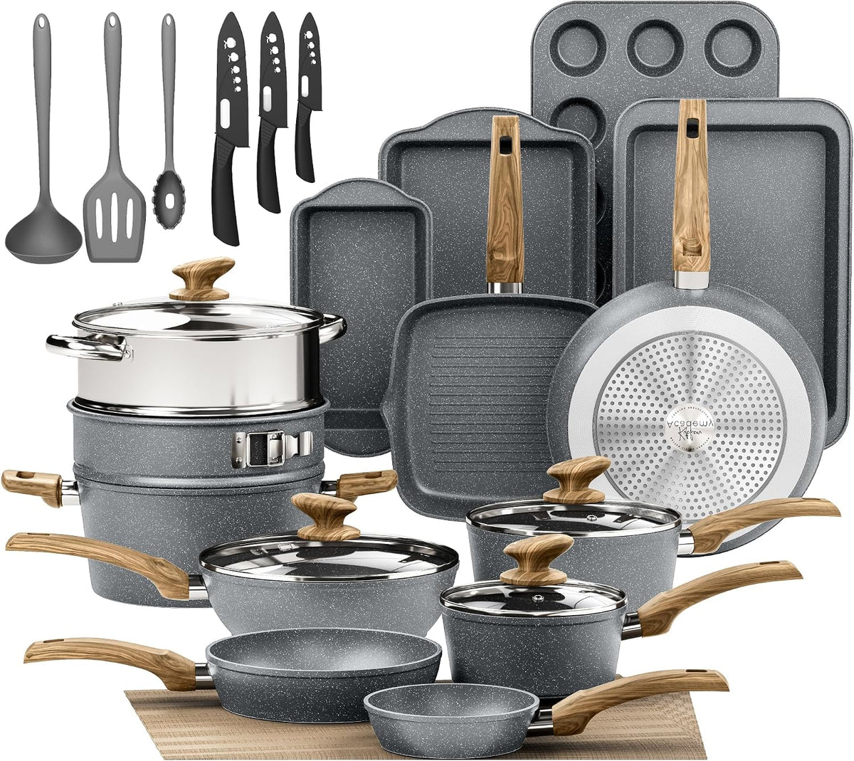 KITCHEN ACADEMY BETTER LIVING THROUGH COOKING PERFECTION Backofen, Grau, Topf und Pfannenset Topfset 30tlg Antihaft-Versiegelung