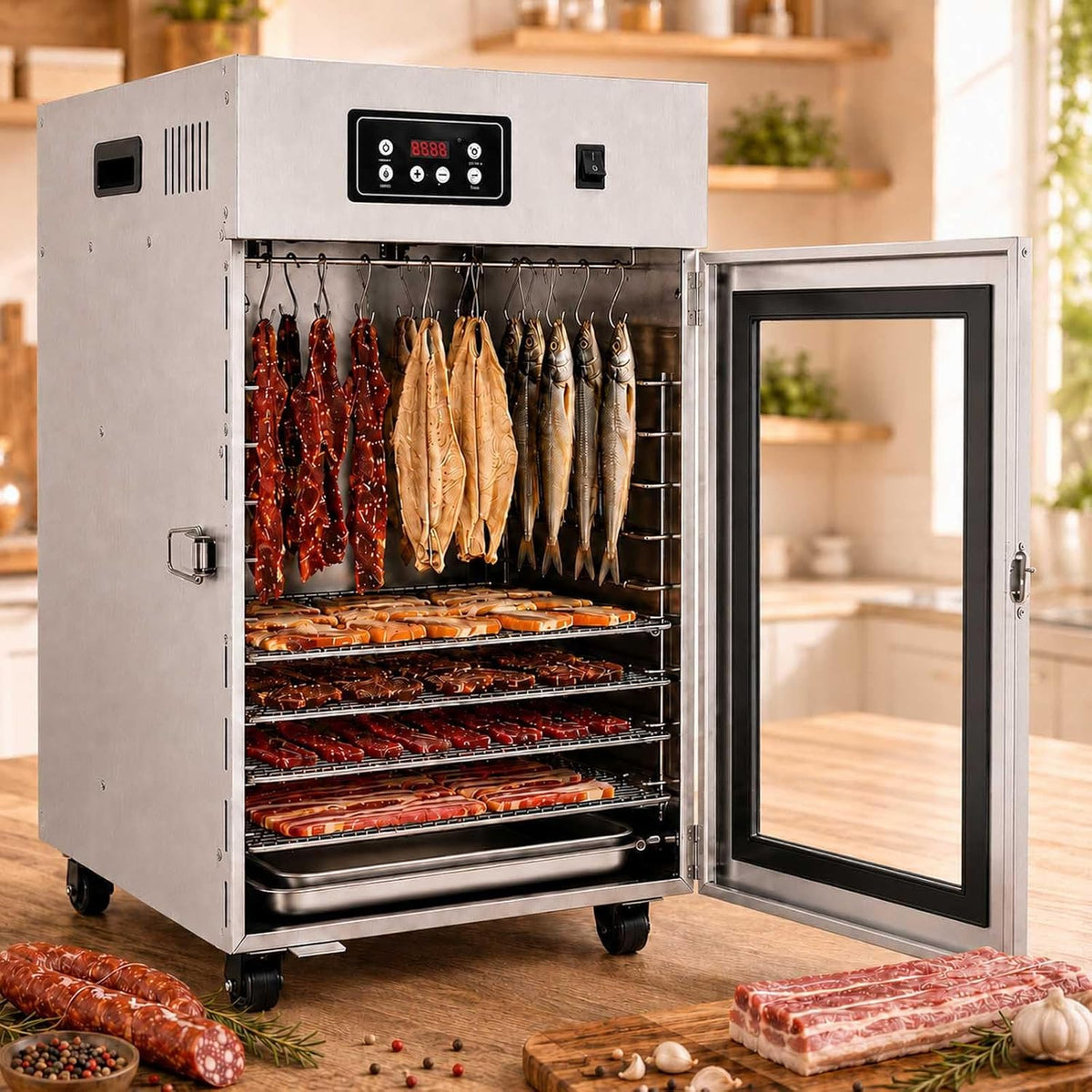 aallwwsso Reifeschrank, 7,5 Kg, 800 W, Silber, Gewerblicher Fleischdörrer Mit 14 Haken Und Led-Steuerung, Edelstahl- Mit 30