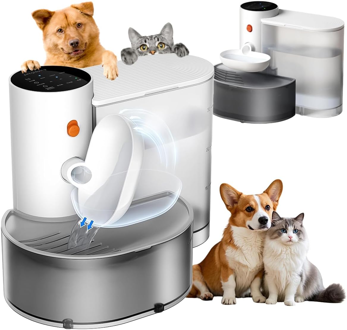 DEYOT Trinkbrunnen, 3 L, Grau, Katzen Wasserbrunnen, Große Kapazität Kabelloser Smart Pet Wasserbrunnen, Wiederaufladbarer Haustier Wasserspender
