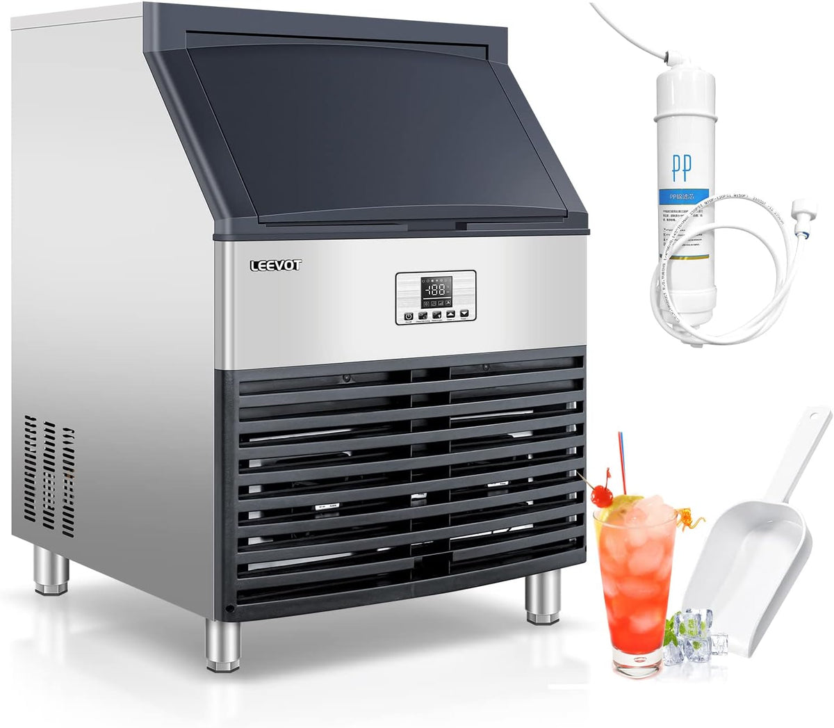 LEEVOT Eiswürfelmaschine, 113 kg, 42 kg, 515 W, Silber, /24 h, 15 Minuten, Speicherkapazität, Edelstahl, Bier und Cocktails