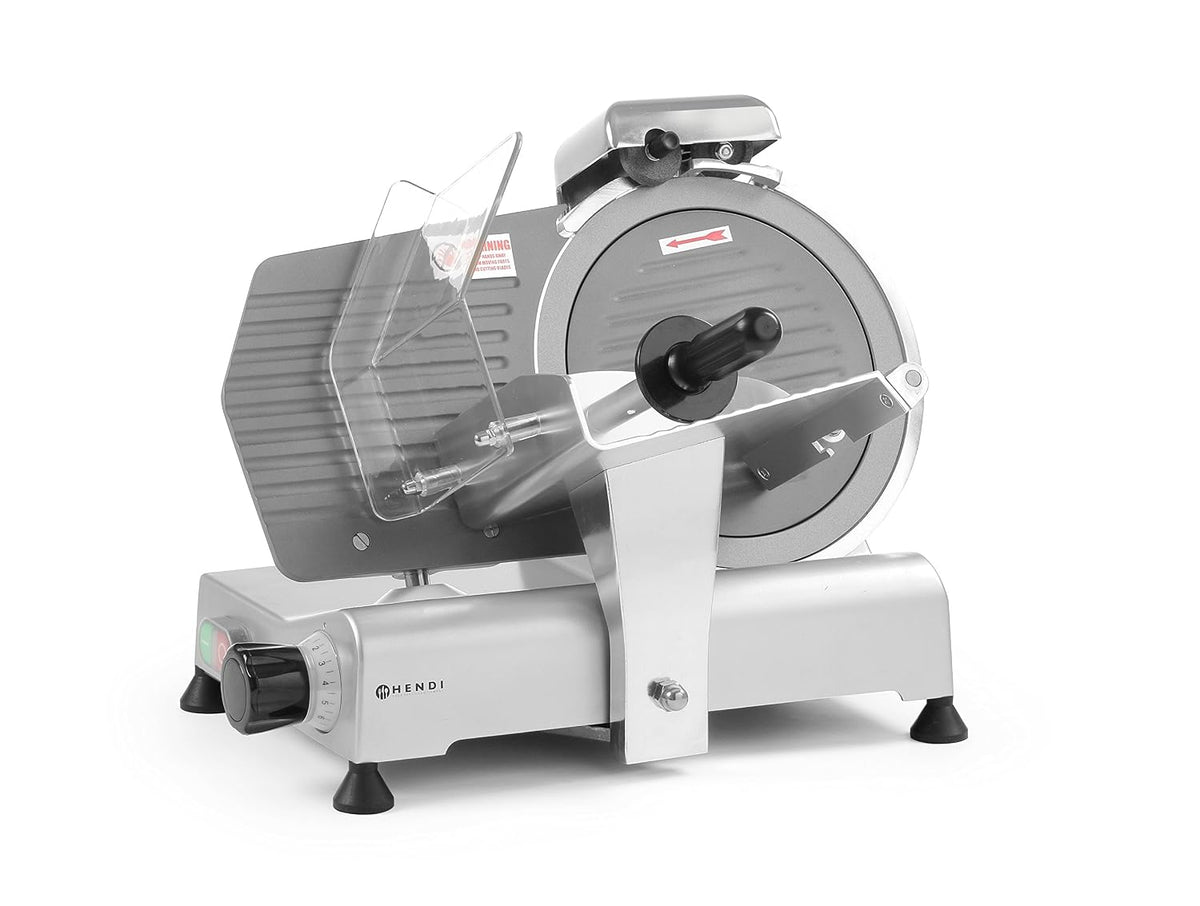 HENDI Schlitten, 250 mm, 398 mm, 230 V, 150 W, Silber, Aufschnittmaschine, mit Teflonbeschichtung, Messerdurchmesser