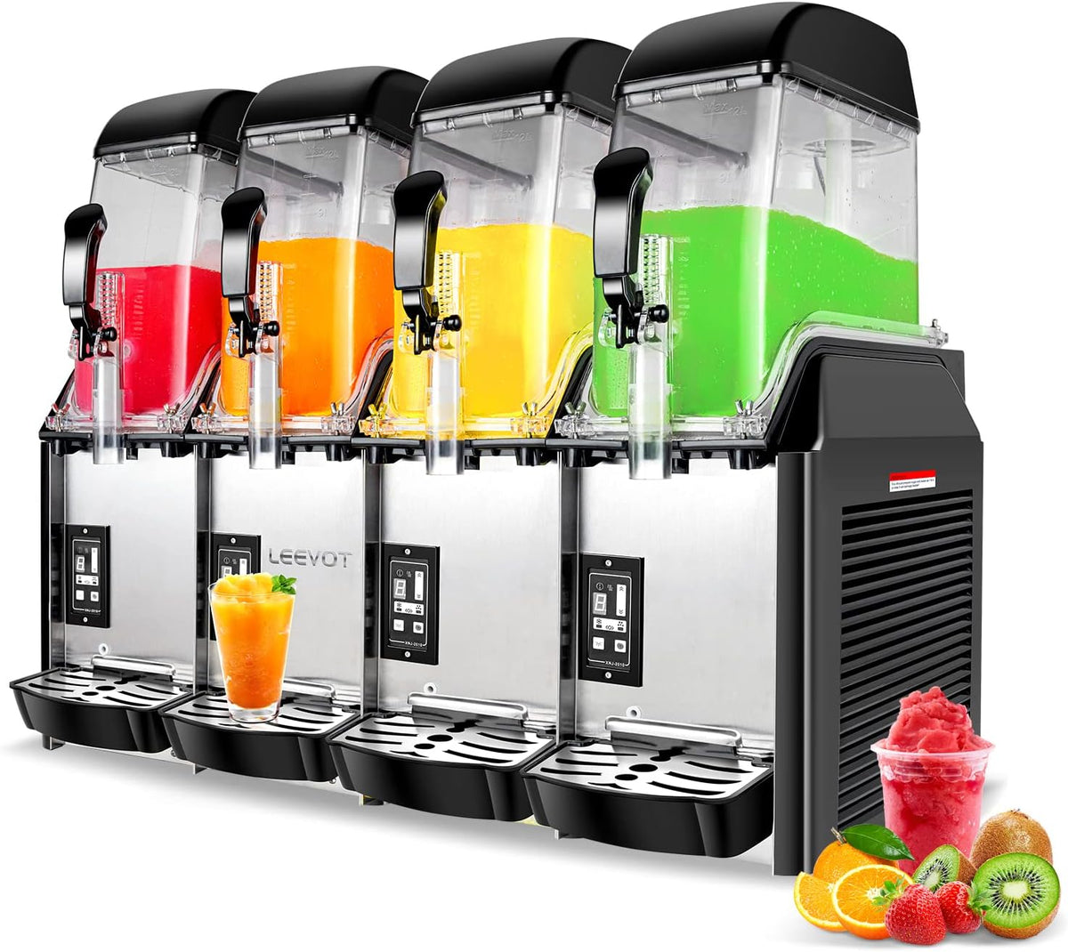 LEEVOT Kompressor, 1500 W, Silber, Kommerzielle Slushie-Maschine - 4 Tank 48 Litres, Party - Edelstahl-Slush-Smoothie-Maschine