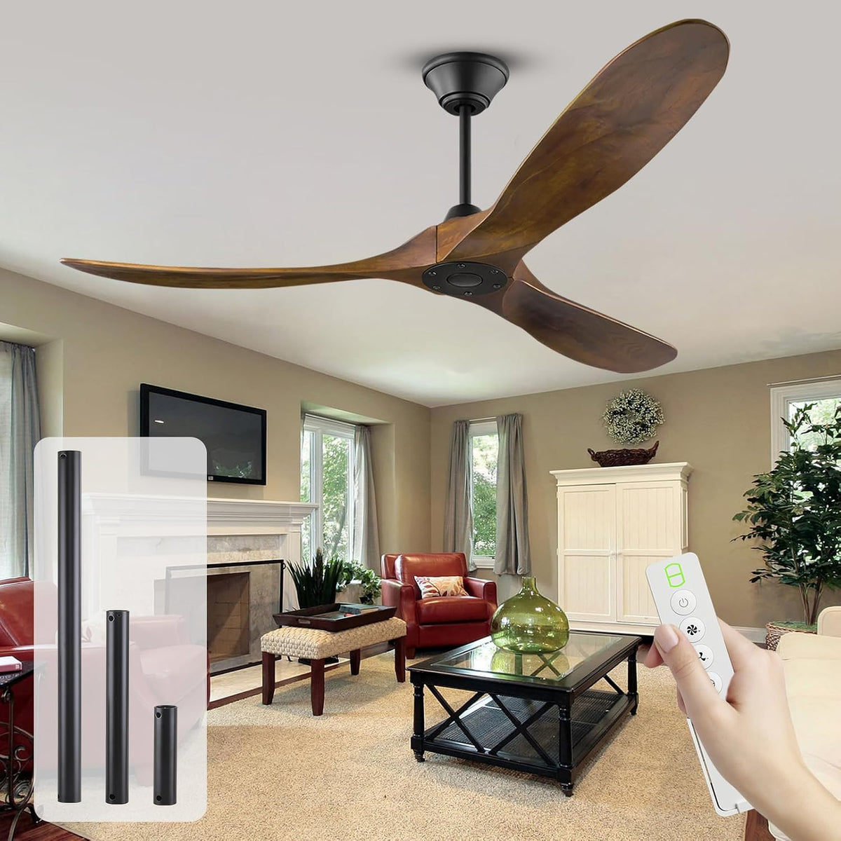 OUENGK Deckenventilator, 178 cm, Weiß, großer aus Holz für den Außenbereich ohne Beleuchtung, en mit Fernbedienung