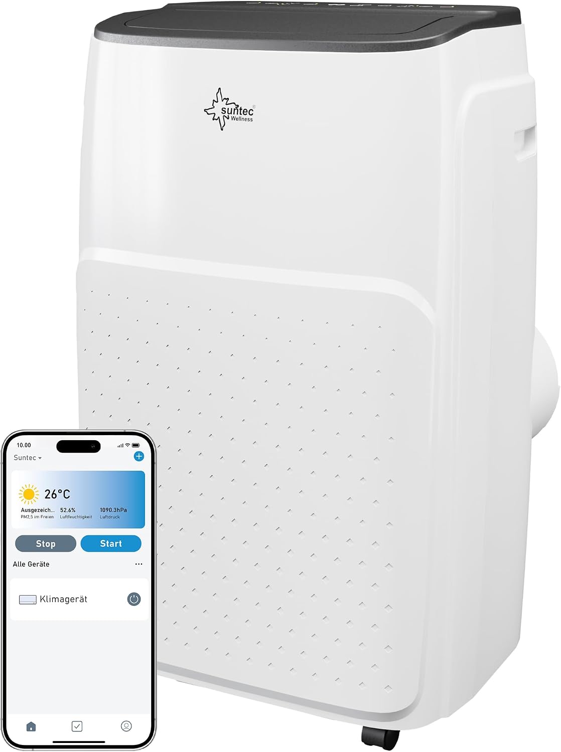 Suntec Wellness Klimaanlage, Weiß, Mobiles Klimagerät Coolfixx 12000 BTU APP - mobil und leise, Entfeuchter für Räume bis 60 qm