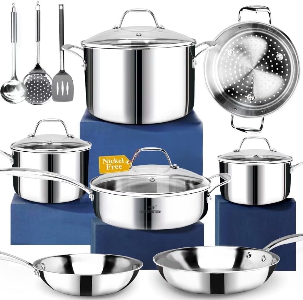 HOMICHEF Topf- & Pfannensets, Silber, 14-teiliges Kochgeschirr-Set aus nickelfreiem Edelstahl, 3-lagig, hochglanzpoliertes Topf- und Pfannenset