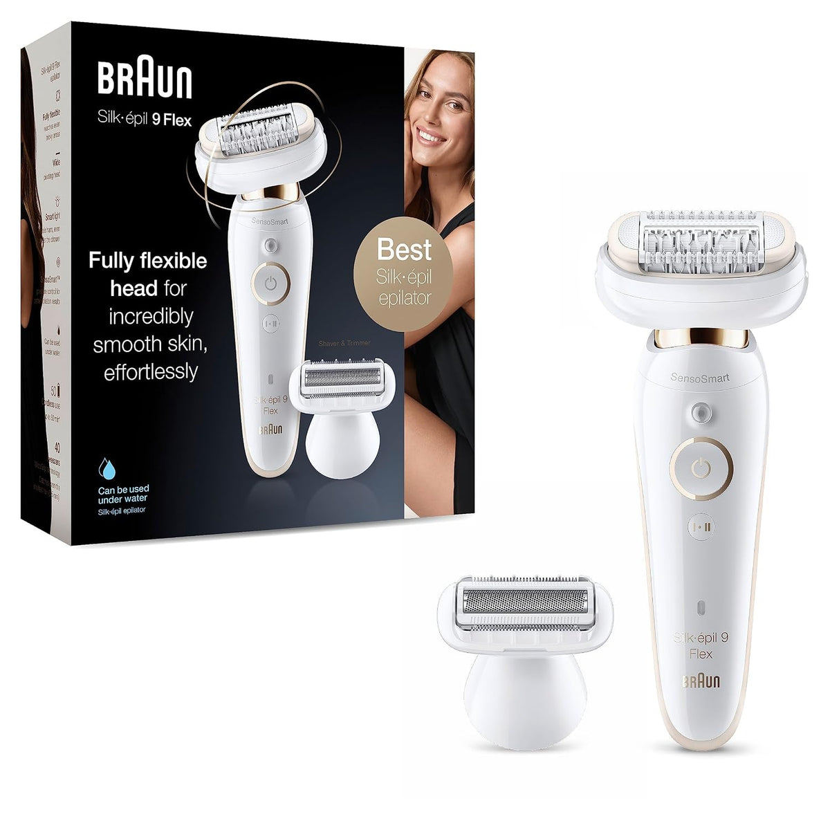 Braun Epiliergeräte & Zubehör, Braun/Weiß/Gold, Silk-épil 9 Flex Epilierer Damen / Haarentferner, 5 Aufsätze, Tasche