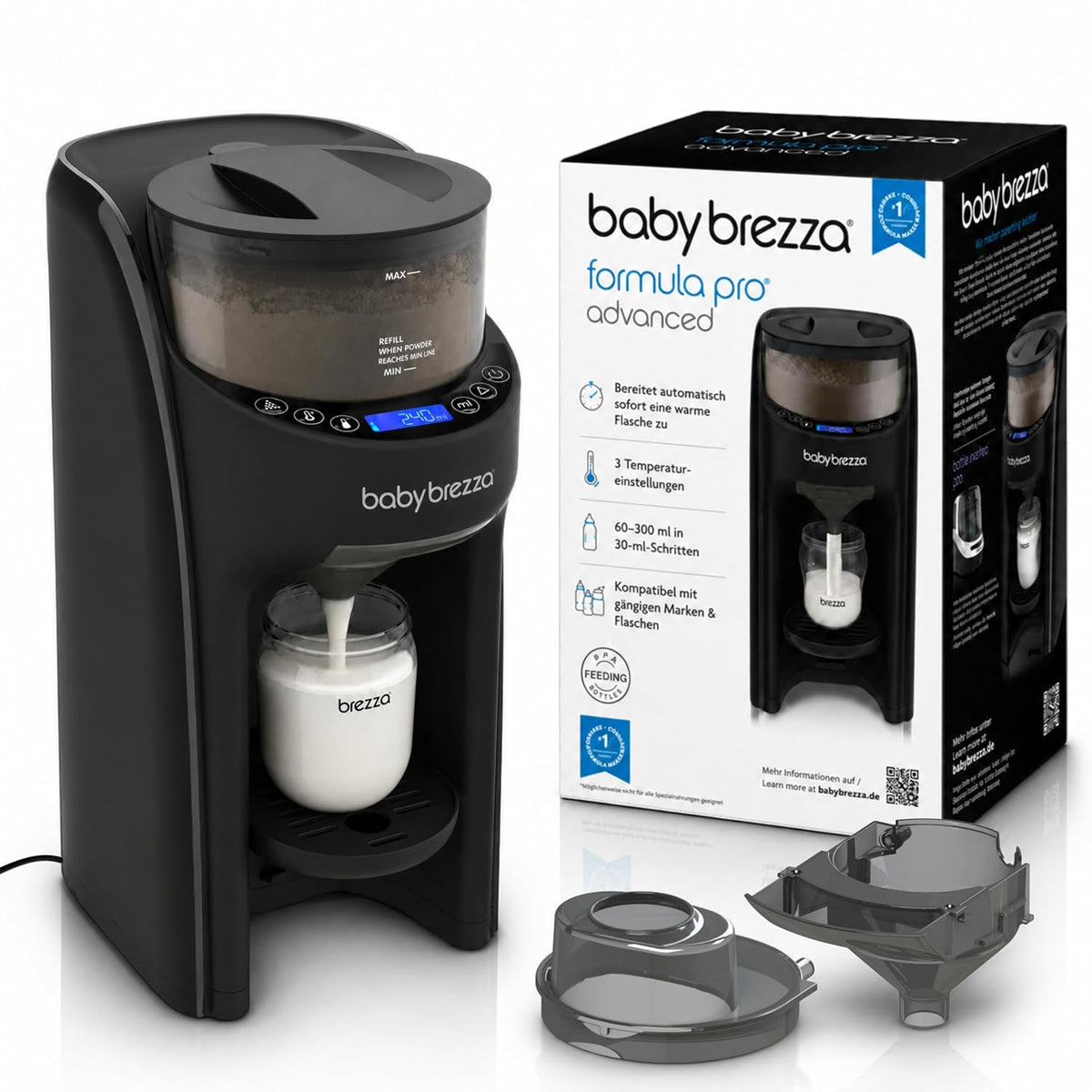 Baby Brezza Flaschenwärmer & -abkühler, Schwarz, Formula Pro Advanced, Automatischer Flaschenzubereiter, Mit 2 Milchpulvertrichtern (1 im Gerät