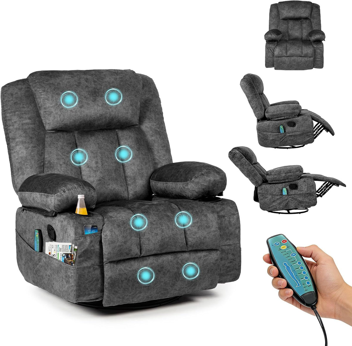 HAUSPROFI Relaxsessel, Grau, Fernsehsessel mit Wärme und Massage, mit Liegefunktion, TV Sessel Wohnzimmer 360° Drehbarer mit 6 Seitentaschen