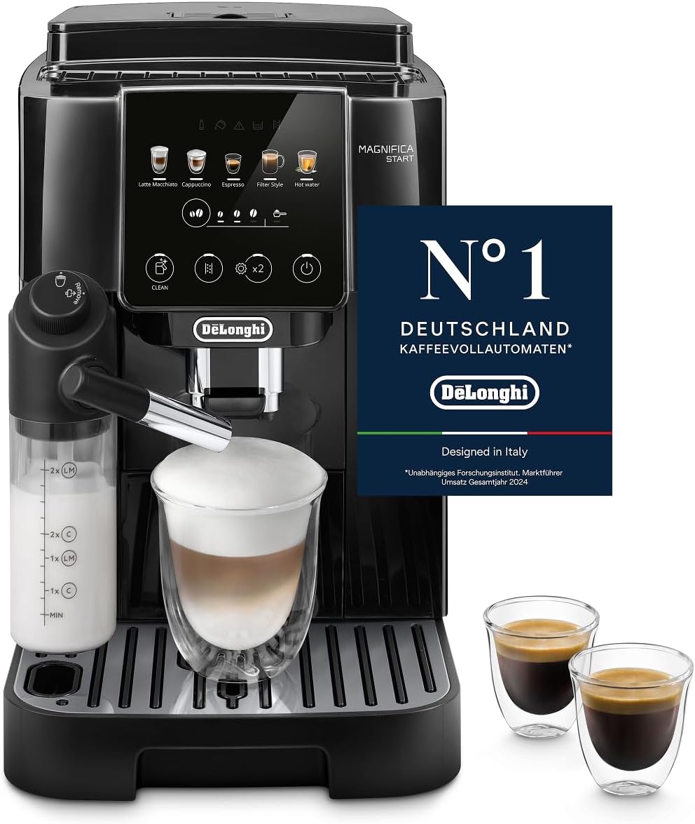 De'Longhi Kaffeevollautomat, Schwarz, Magnifica Start - Perfetto mit LatteCrema-Milchaufschäumer, 5 One-Touch-Getränke