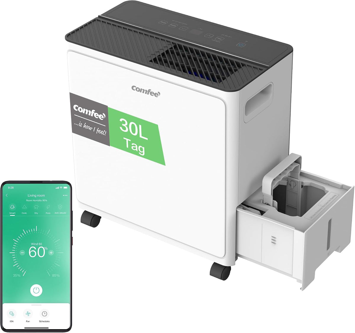 Comfee Luftentfeuchter, 30 L, Weiß, CDDAE-30DEN7-QA3 /Tag für bis zu 73㎡, 3-Liter-Tank, drehbare Räder, Trocknungsmodus